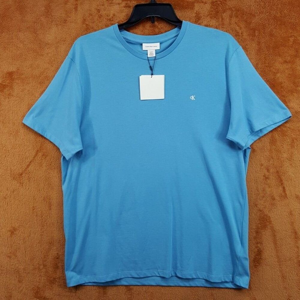CALVIN KLEIN Shirt Mens XL Blue Pullover Crew CK Logo Short Sleeve 100% Cotton